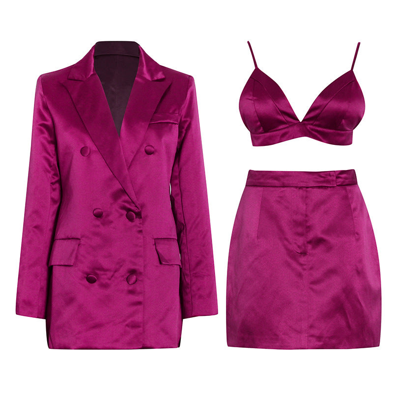 Fashion Satin 3 Pieces Sets Crop Tops Blazers Suits Mini Skirt Set For Ladies