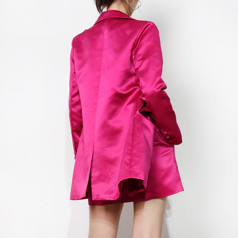 Fashion Satin 3 Pieces Sets Crop Tops Blazers Suits Mini Skirt Set For Ladies